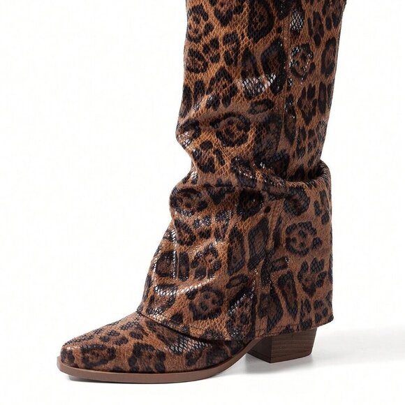 Brown Western Women's Pointed Toe Stacked Heel Tall Shaft leopard print Boots - Picture 6 of 6